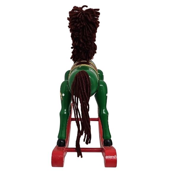 Vintage Classic Green and Red Wooden Rocking Horse w/Yarn Mane Christmas Decor - Picture 3 of 11